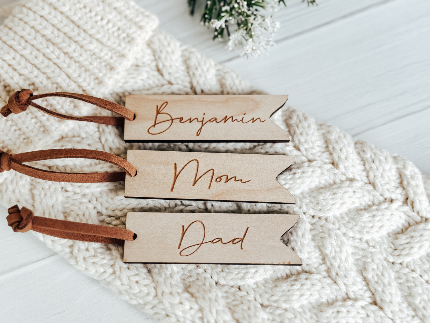 Personalized Stocking & Gift Tags, Wood & Suede