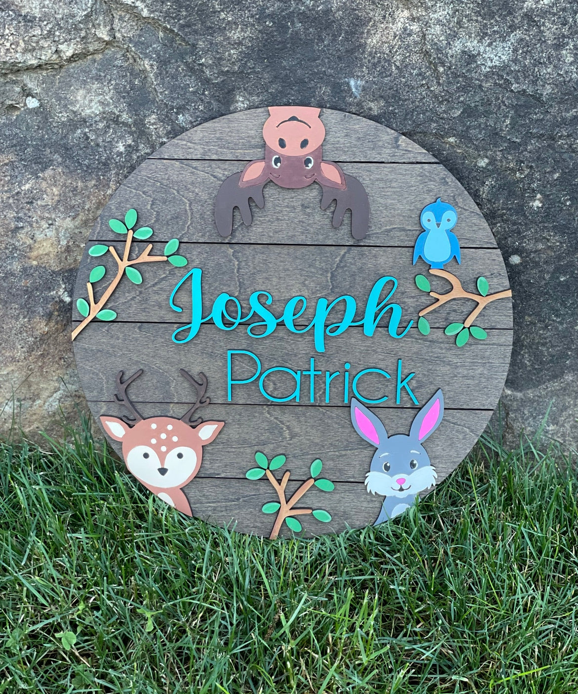 Woodland Animal Nursery Round, Child Name Sign