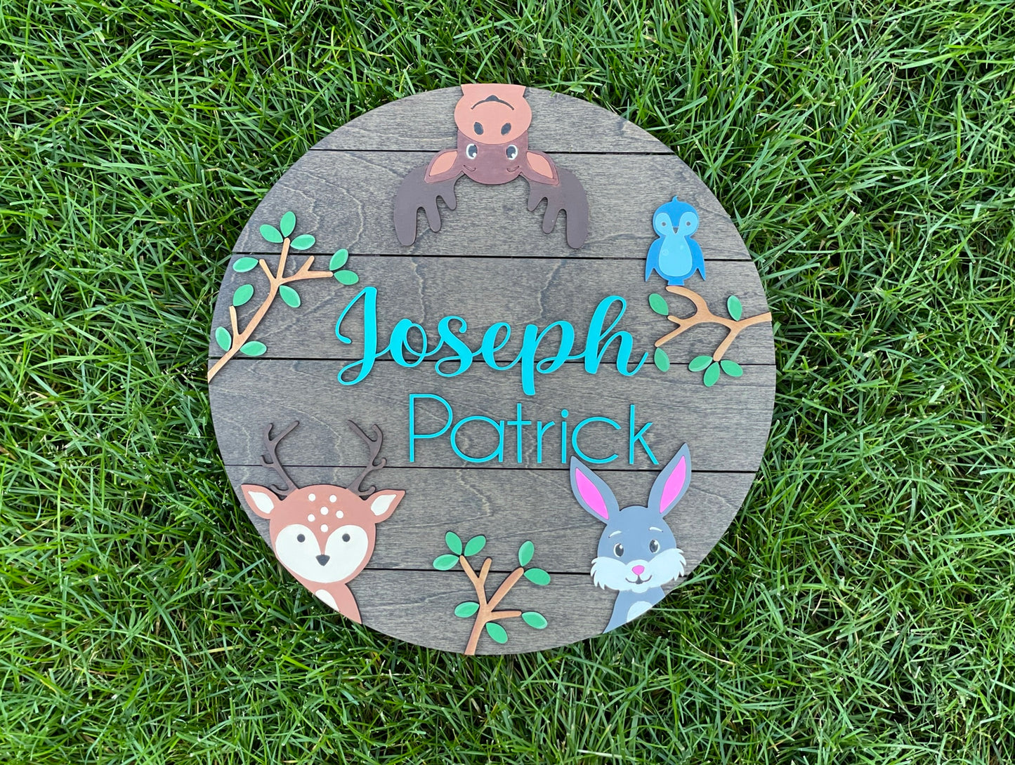 Woodland Animal Nursery Round, Child Name Sign