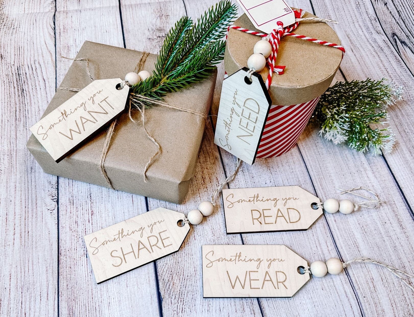 Wood Gift Tags, Set of Five, Something To Tags, 4 Gift Rule, Something You Read, Something You Need, Something You Wear, Christmas Gift Tags