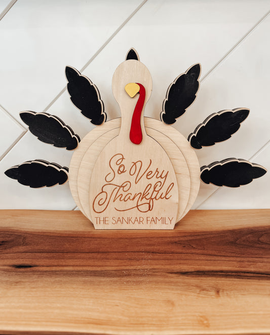 Personalized Chalkboard Turkey - So Very Thankful Customizable Shelf Sitter