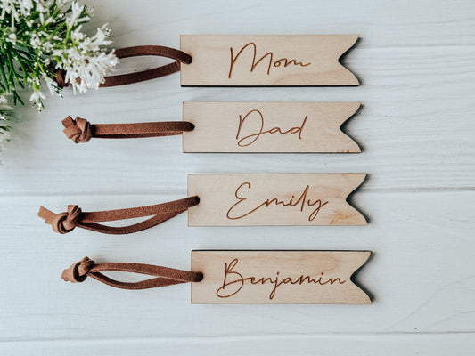 Personalized Stocking & Gift Tags, Wood & Suede